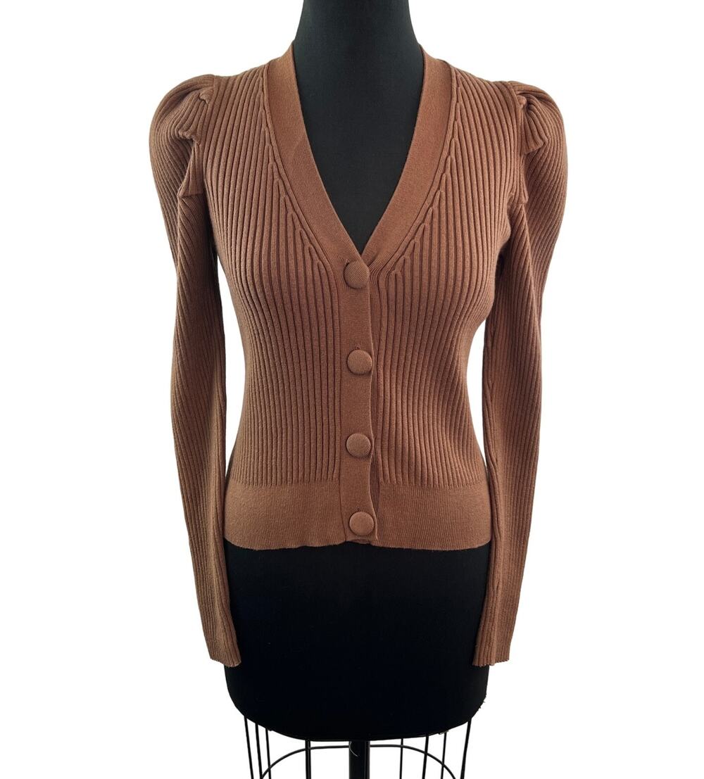 INDUSTRY Brown Cardigan Sweater Knit Ribbed V-Neck Puff Sleeve Size Medium M NEW